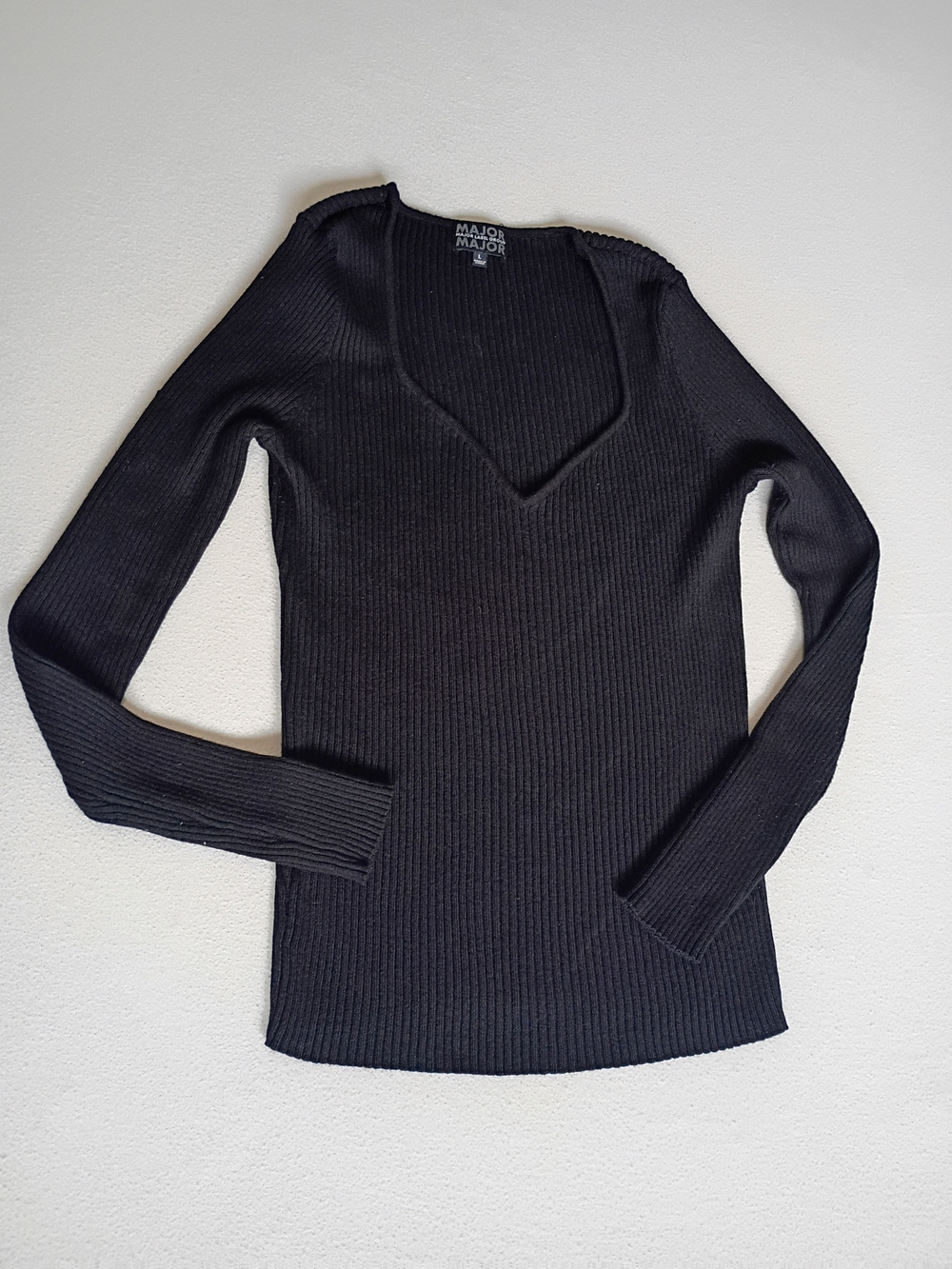 Major Major Black Ribbed V-Neck Long Sleeve Top - Size L Minimalist Bodycon